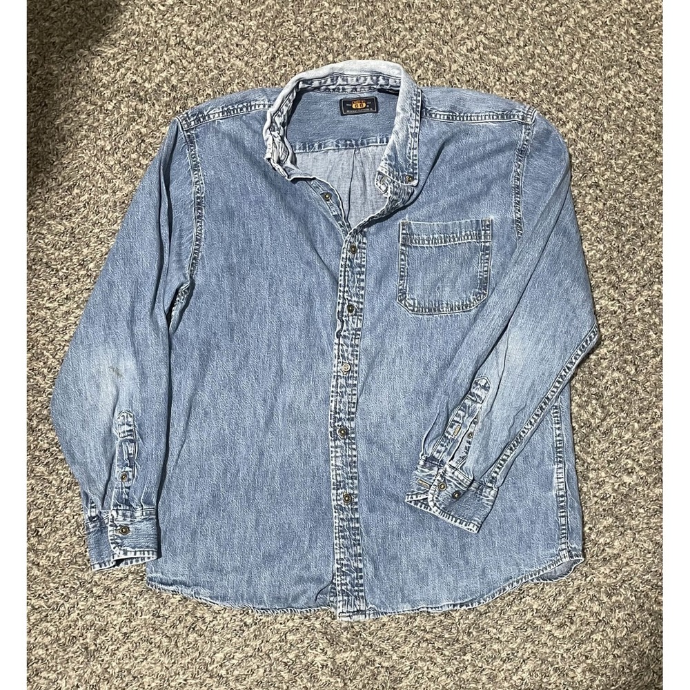 Route 66 Mens Denim Shirt Medium Light Wash Long Sleeve Cotton Button Down Blue